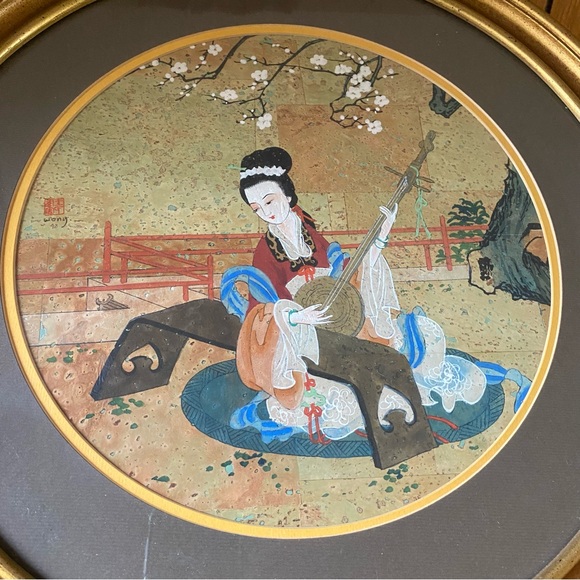 Vintage Wong Geisha Gouache watercolour painting on cork Asian oriental goddess - Picture 7 of 9